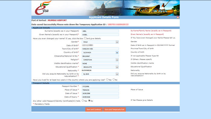 eTV - elektronické víza do Indie, stránka Aplicant Details Form