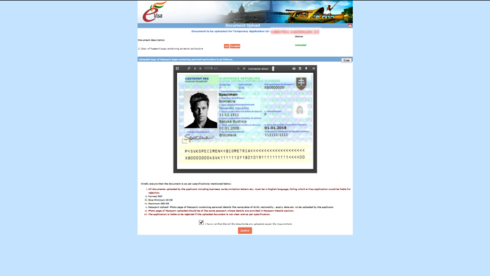 eTV - elektronické víza do Indie, stránka Document Upload